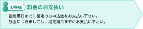 ごよかお客様:料金のお支払い 指定期日までに指定のお申込金をお支払い下さい。
残金につきましても、指定期日までにお支払い下さい。